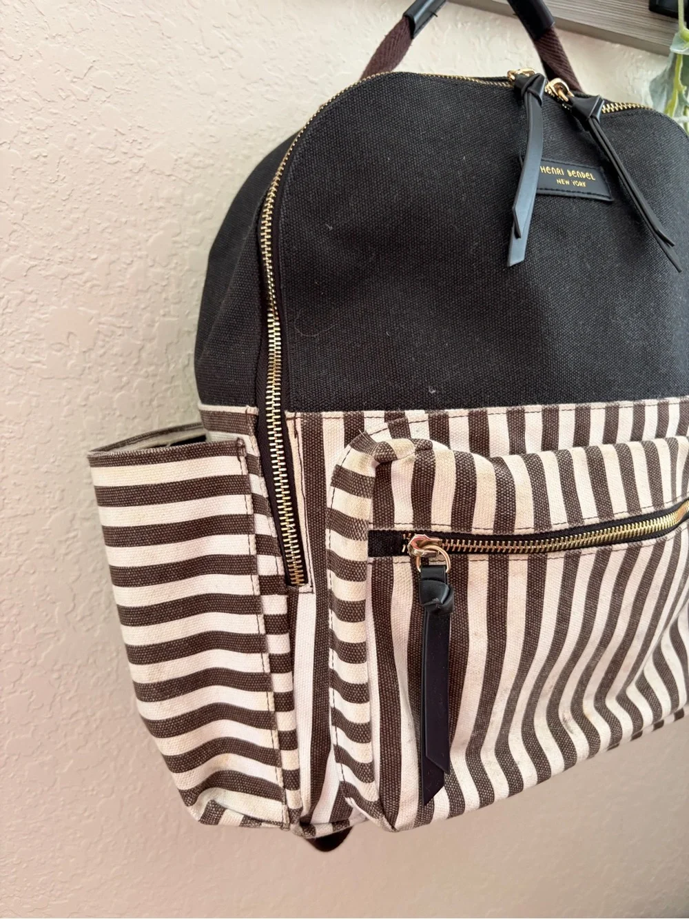 Henri Bendel Brown Stripe Backpack, Travel Backpack, Structurally Excellent